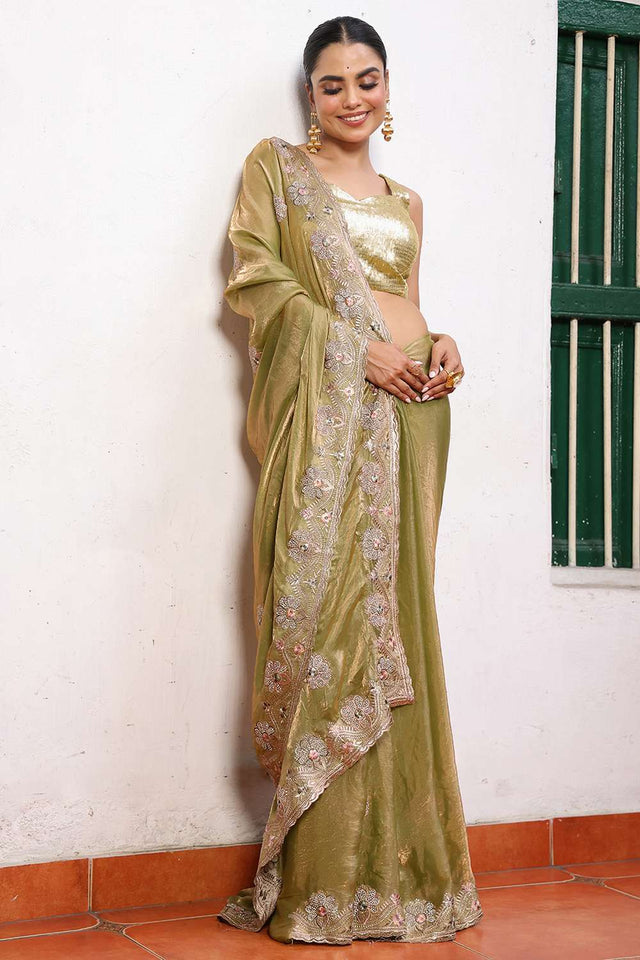 Green Embroidered Tissue Saree