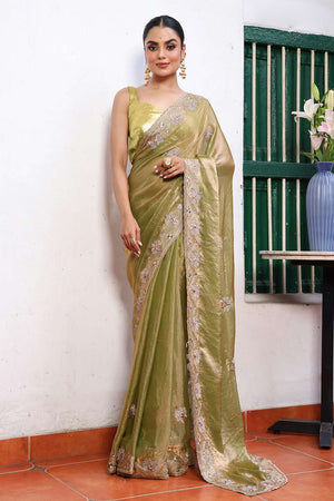 Green Embroidered Tissue Saree