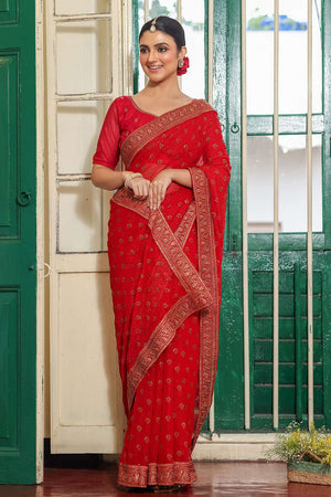 Maroon Embroidered Chiffon Saree