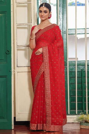 Maroon Embroidered Chiffon Saree