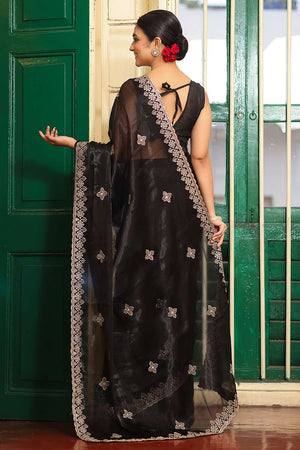 Black Embroidered Organza Saree