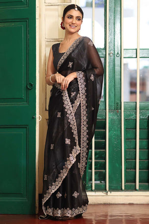 Black Embroidered Organza Saree