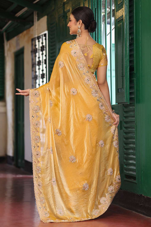Yellow Embroidered Tissue Saree