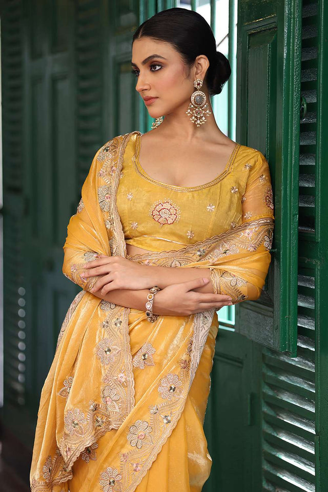 Yellow Embroidered Tissue Saree