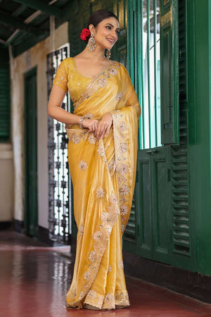 Yellow Embroidered Tissue Saree