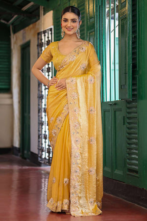 Yellow Embroidered Tissue Saree