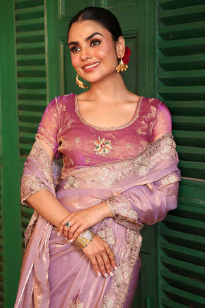 Violet Embroidered Tissue Saree