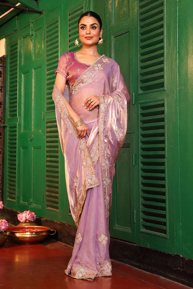 Violet Embroidered Tissue Saree