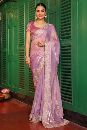 Violet Embroidered Tissue Saree