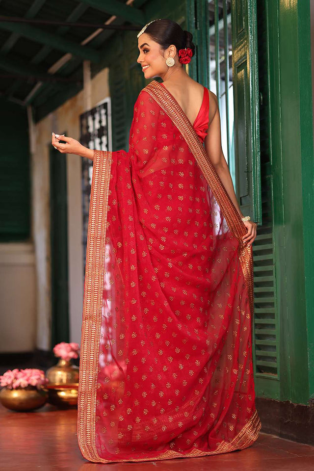 Maroon Embroidered Chiffon Saree