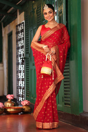 Maroon Embroidered Chiffon Saree
