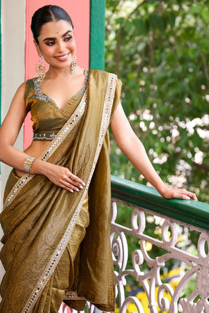 Mehendi Stone Embellished Tissue Saree