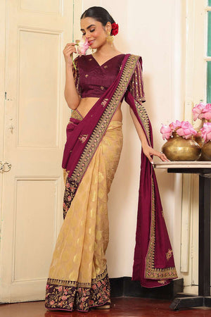 Wine Embroidered Viscose Saree