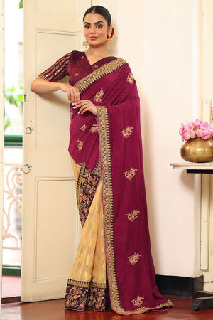 Wine Embroidered Viscose Saree