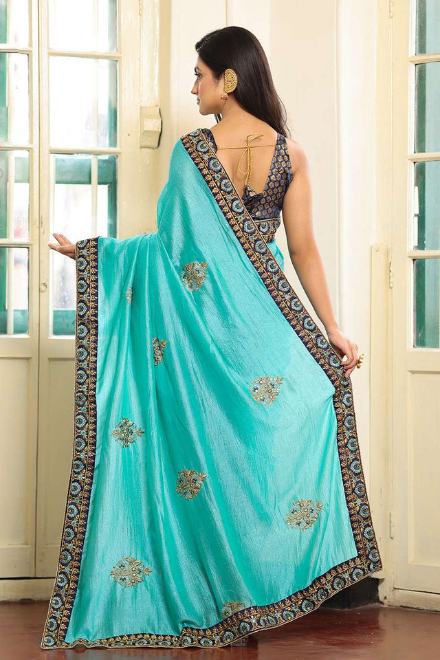Blue Embroidered Viscose Saree