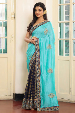 Blue Embroidered Viscose Saree