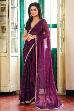 Wine Sequin Organza Saree