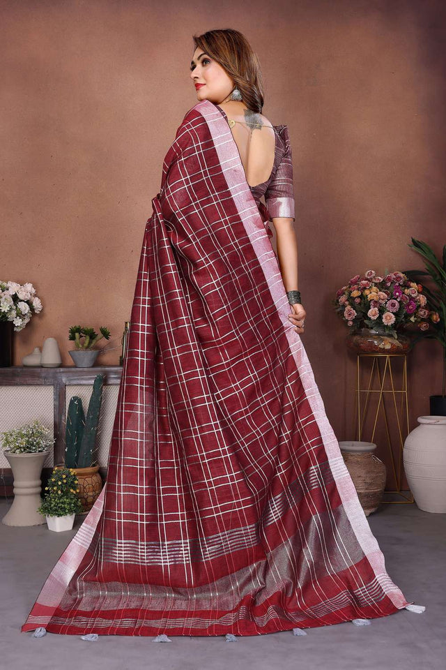 Wine Woven Linen Saree
