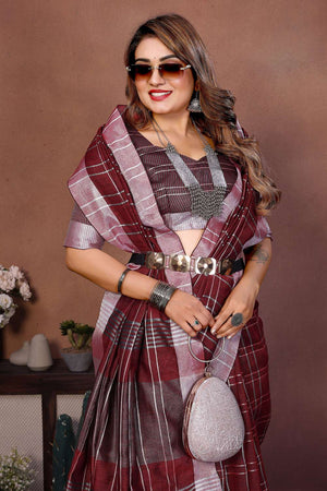 Wine Woven Linen Saree