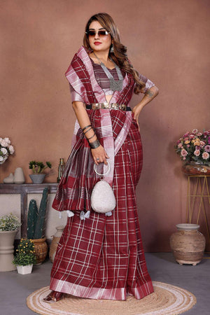 Wine Woven Linen Saree