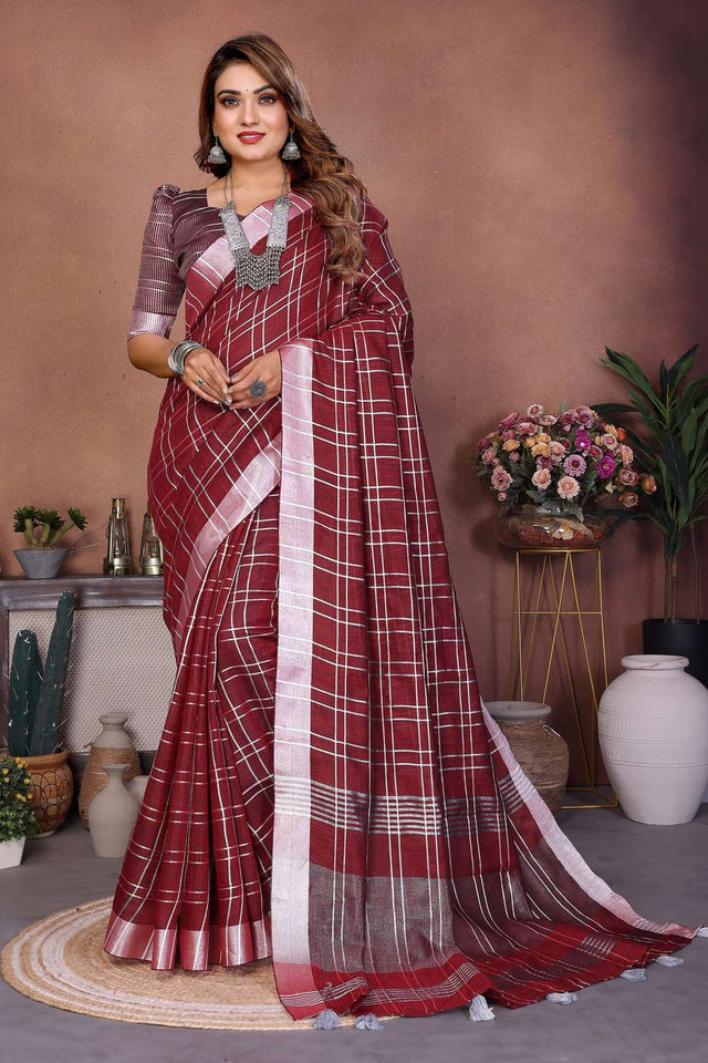 Wine Woven Linen Saree