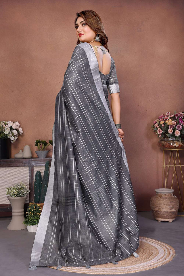 Grey Woven Linen Saree