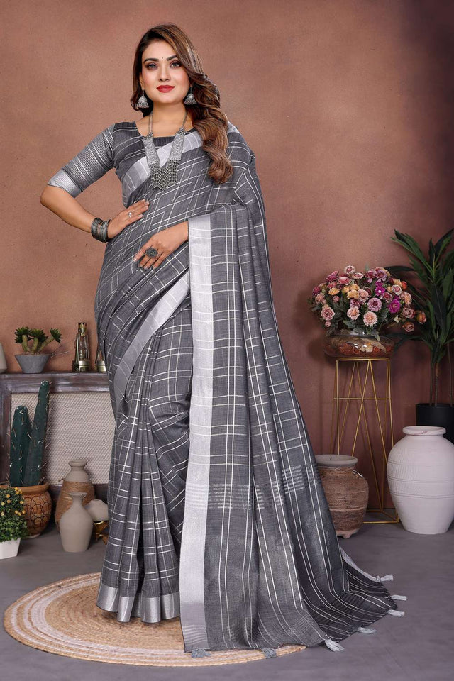 Grey Woven Linen Saree