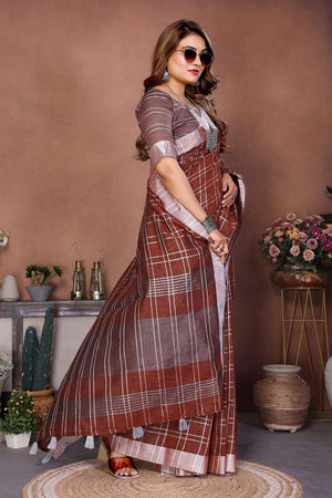 Brown Woven Linen Saree