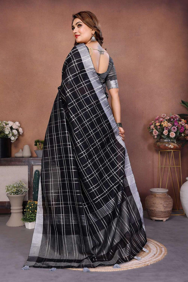 Black Woven Linen Saree
