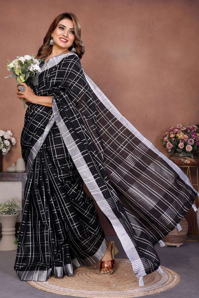 Black Woven Linen Saree