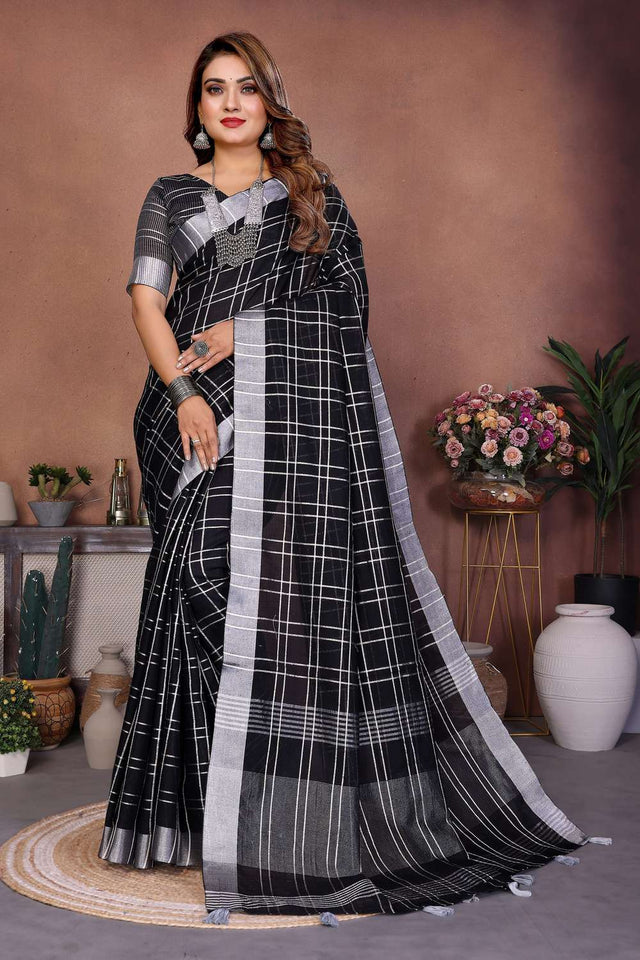 Black Woven Linen Saree