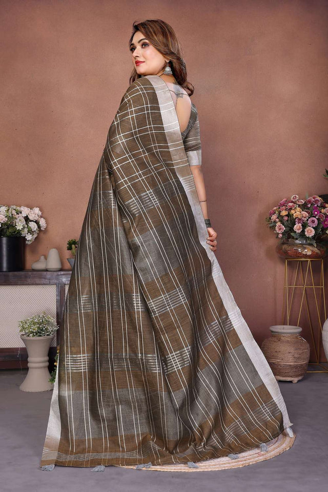Brown Woven Linen Saree