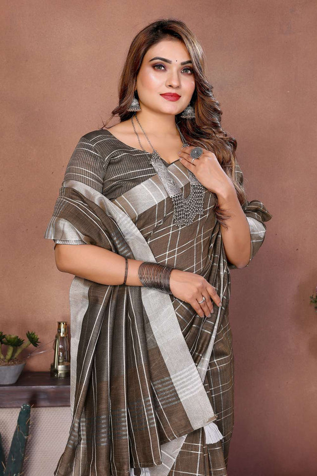 Brown Woven Linen Saree