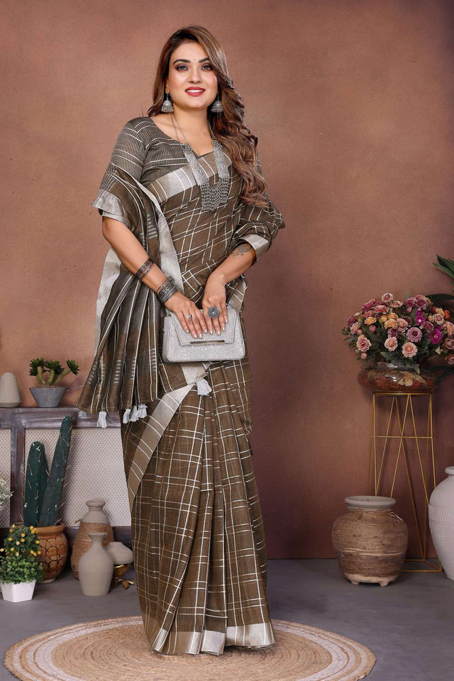 Brown Woven Linen Saree