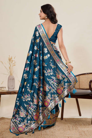 Turquoise Woven Satin Saree