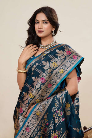 Turquoise Woven Satin Saree