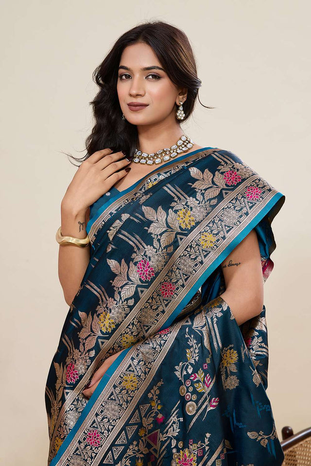 Turquoise Woven Satin Saree