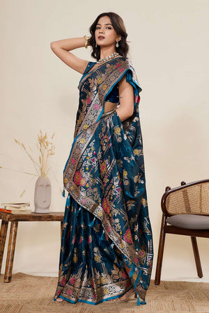 Turquoise Woven Satin Saree