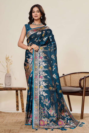 Turquoise Woven Satin Saree