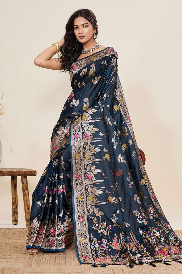Blue Woven Satin Saree
