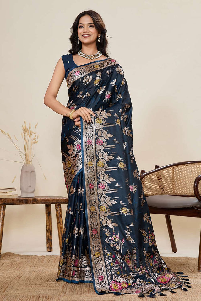 Blue Woven Satin Saree