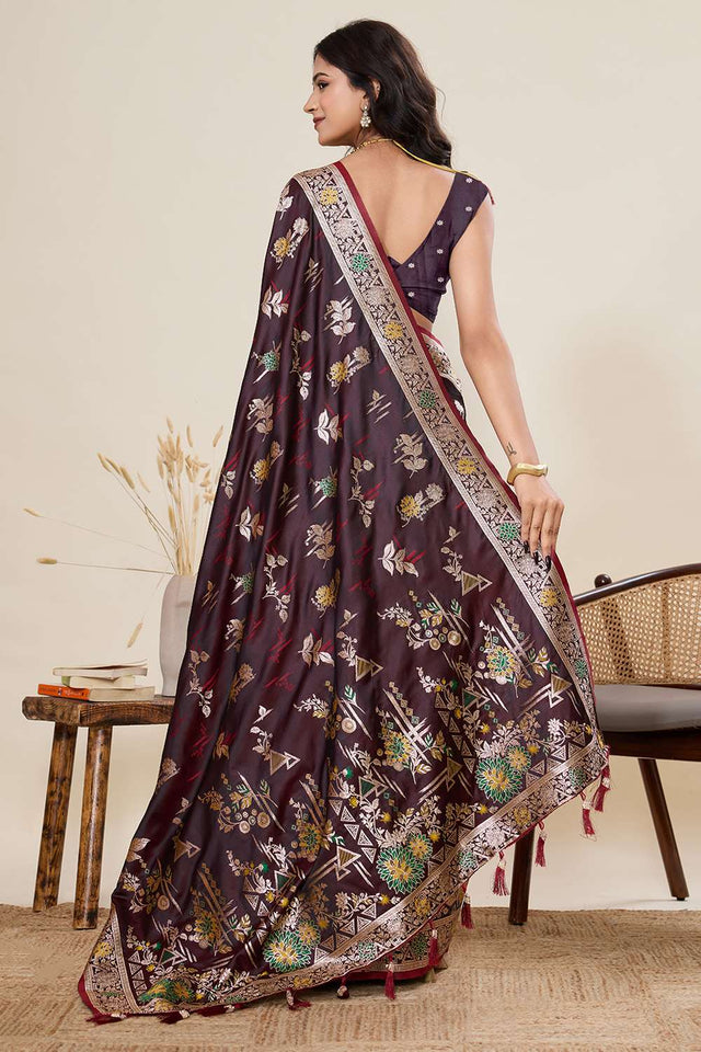 Wine Woven Satin Saree
