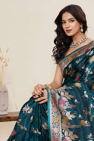 Turquoise Woven Satin Saree