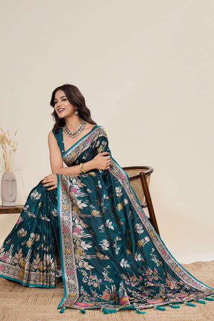 Turquoise Woven Satin Saree