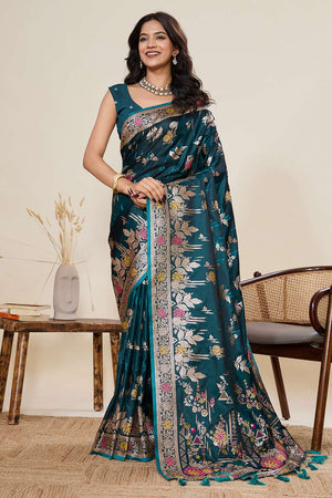 Turquoise Woven Satin Saree