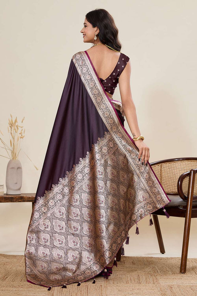 Wine Woven Satin Saree