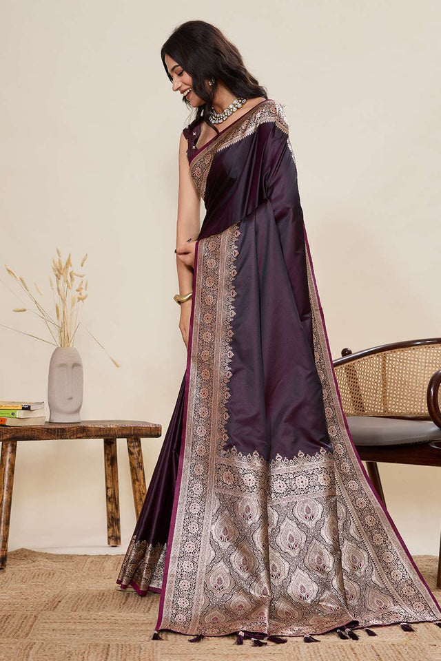Wine Woven Satin Saree