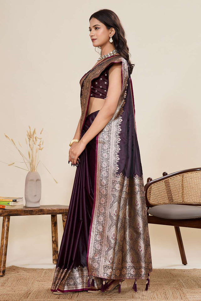 Wine Woven Satin Saree