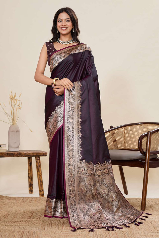 Wine Woven Satin Saree