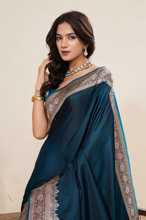 Turquoise Woven Satin Saree